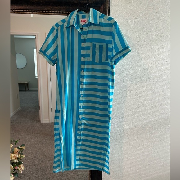 SOLID & STRIPED Oxford Tunic Maxi Aqua and White Striped - Size M - Picture 2 of 7